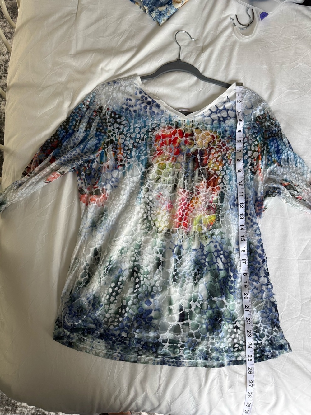 V-Neck Printed Tunic Top in Blue, White & Multicolor - Picture 8 of 8
